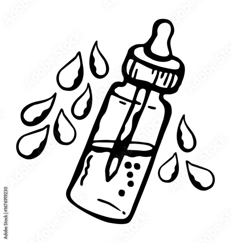 bottle of facial serum, black and white illustration