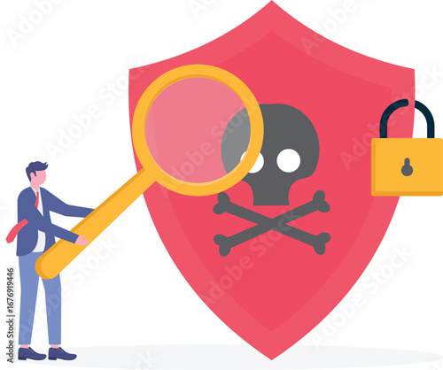 Flat illustration of two people analyzing cybersecurity threats examine risks and identifying vulnerability

