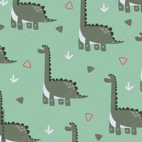 green dinosaur brontosaurus cartoon vector fullprint fabric seamless pattern for kids apparel