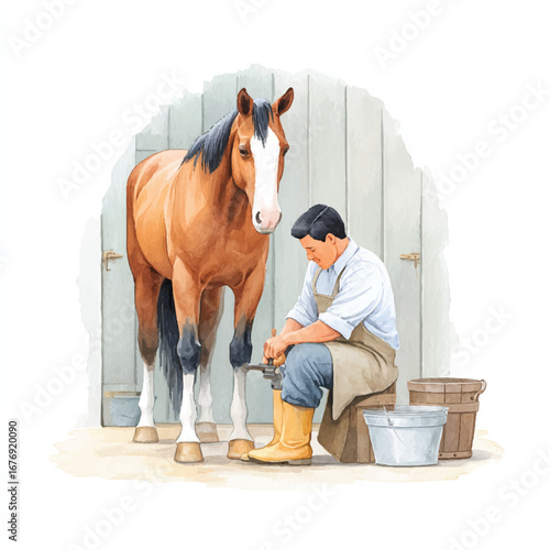 Watercolor Depiction of a Farrier Trimming a Horses Hoof in a Stable
