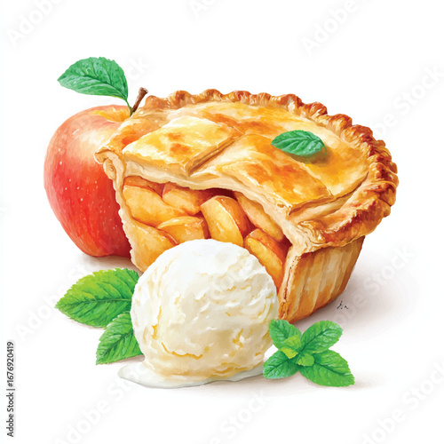 Deconstructed Apple Pie with Vanilla Ice Cream and Fresh Mint Leaves