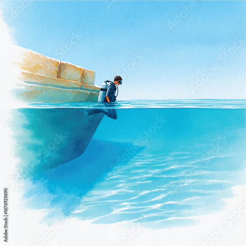Scuba diver poised to enter clear blue water from a rocky ledge