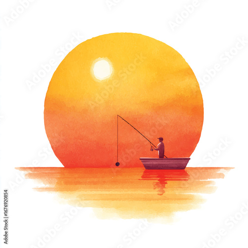 Solitary Fisherman at Sunset in Watercolor Boat