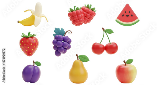 Collection Of 3D Rendered Cartoon Fruits food healthy isolated on a transparent background