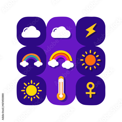Simple and clear icons. Sun, cloud, rain, thunderstorm, snow, wind, rainbow, moon, thermometer (temperature), ultraviolet index.