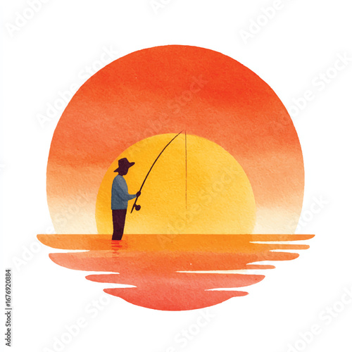 Solitary Fisherman at Sunset Watercolor Style