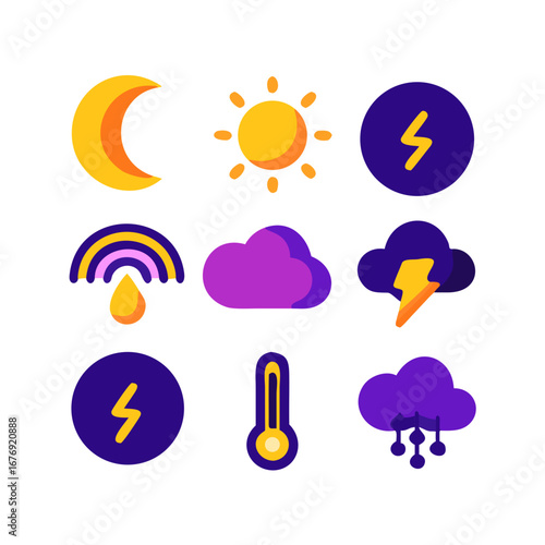 Simple and clear icons. Sun, cloud, rain, thunderstorm, snow, wind, rainbow, moon, thermometer (temperature), ultraviolet index.