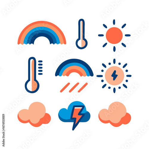 Simple and clear icons. Sun, cloud, rain, thunderstorm, snow, wind, rainbow, moon, thermometer (temperature), ultraviolet index.
