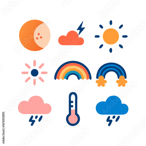 Simple and clear icons. Sun, cloud, rain, thunderstorm, snow, wind, rainbow, moon, thermometer (temperature), ultraviolet index.