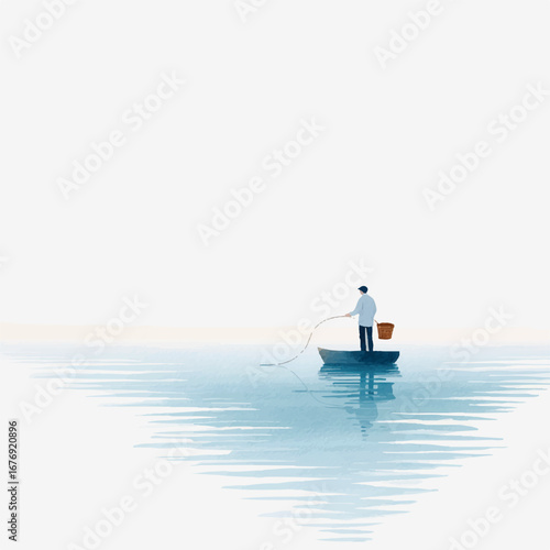 Solitary Fisherman in a Small Boat at Dawn