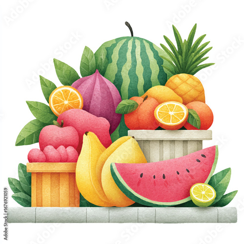 Vibrant Watercolor Still Life of Tropical and Temperate Fruits