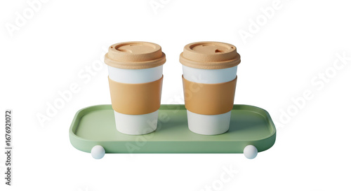 Two To Go Coffee Cups on a Green Tray takeaway drinks isolated on a transparent background