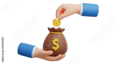 Hands Depositing Dollar Coin into Money Bag with Dollar Sign finance saving isolated on a transparent background