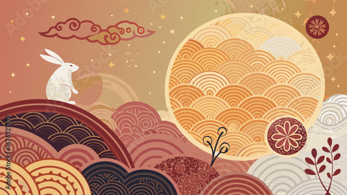 Abstract Warm-Toned Circular Motifs for Zhongqiu Mid-Autumn Festival Celebration Design with Copy Space