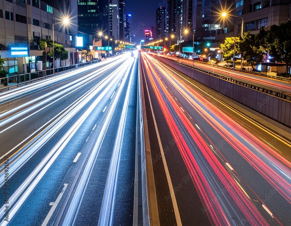 Fototapeta premium Night cityscape highway with blurred light trails of moving vehicles.