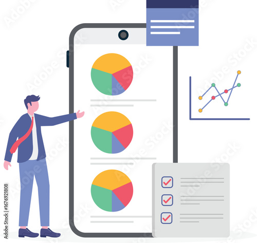 Flat illustration of businessman using magnifying glass to inspect document financial data

