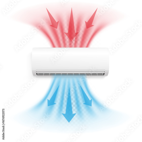 Air conditioner, blue cooling and red heating, with airflow direction illustration and indicators.
