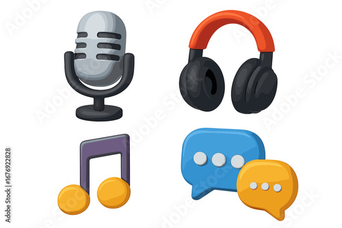 Set of 3D icons for podcasting and audio streaming. Includes microphone, headphones, music note, and chat bubbles. Concept for broadcast, interview, radio show and communication.