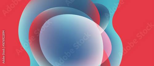 Abstract fluid shapes overlap, creating soft color blends. Red background contrasts with cool blues, pinks. Minimalist design.