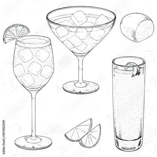 Collection of Refreshing Alcoholic Drinks with Citrus Garnishes