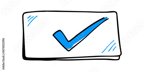 Blue check mark with quotation marks symbol doodle