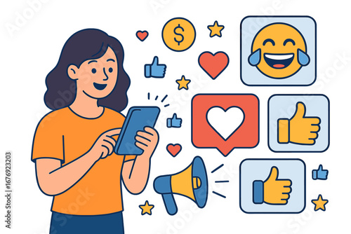 Woman with phone illustration. Social media marketing, digital influencing concept. Getting likes, followers, feedback. Online communication, SMM, advertising, promotion icons set.