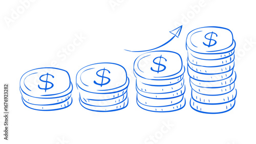Blue dollar coin stacks with upward arrow money finance