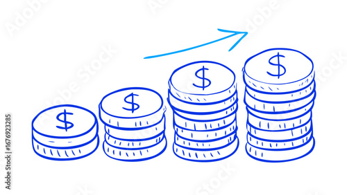 Blue dollar coin stacks growth arrow coins money