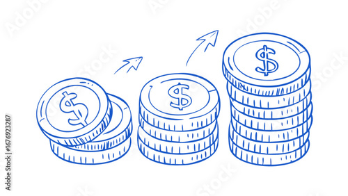 Blue dollar coins stacked with upward arrows money