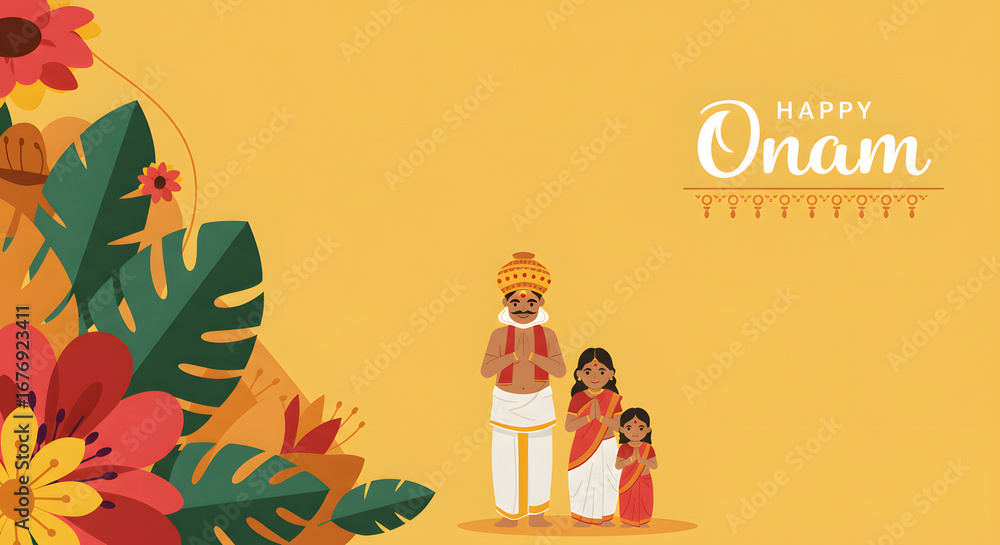 Fototapeta premium Happy onam festival greeting card with an indian family a concept for the kerala harvest celebration culture tradition and a happy holiday