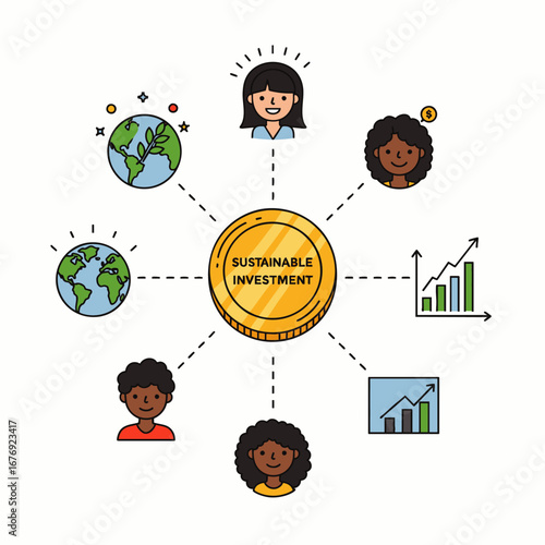 An engaging illustration depicting the multifaceted concept of sustainable investment, linking financial prosperity with global environmental care and diverse societal well-being.