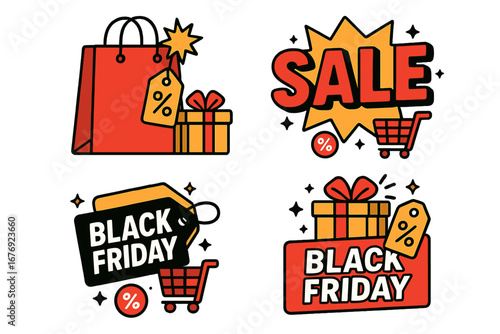 Black Friday sale sticker set. Vector cartoon illustration for social media and advertising. Shopping icons with gift, cart, and discount price tag for retail promotion.
