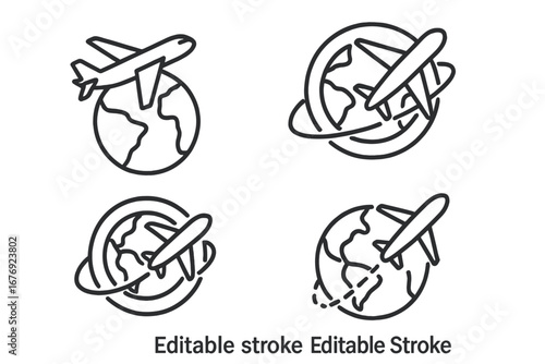 Airplane flying over planet Earth line icon set. Global travel, international flight, and tourism concept. Worldwide aviation and transport vector symbols. Editable stroke.