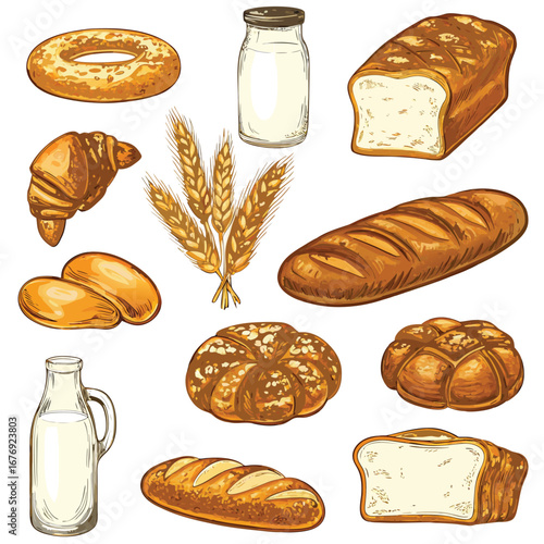 Assortment of Freshly Baked Bread and Dairy Products