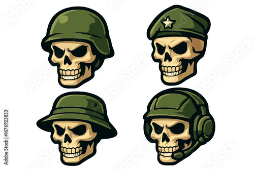 Military skull soldier mascot set. Army special forces tactical emblem. Vector death symbol in combat helmet, beret, boonie hat. War veteran aggression concept illustration.