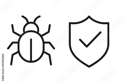 Bug and shield icon. Antivirus, computer virus, malware protection concept. Error fixing, software testing, data security symbol. Cybersecurity vector illustration for web, app.