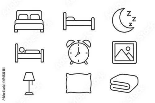 Bedroom and Sleep Thin Line Icon Set. Vector symbols collection for rest, relaxation, insomnia, good night, and morning routine. Includes bed, pillow, alarm clock, and moon icons.