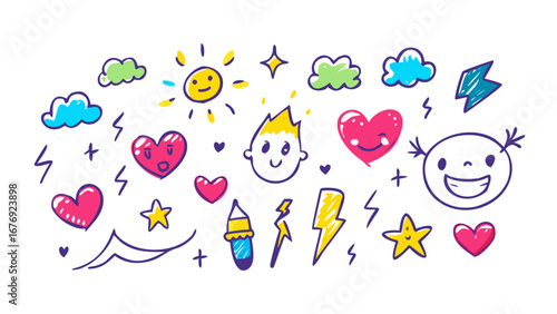 Bright doodle icons with hearts and sun clouds