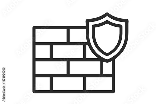 Firewall icon, brick wall with shield. Concept of protection, security, defense, safety, privacy. Network security pictogram. Vector linear graphic for web, vpn, antivirus.