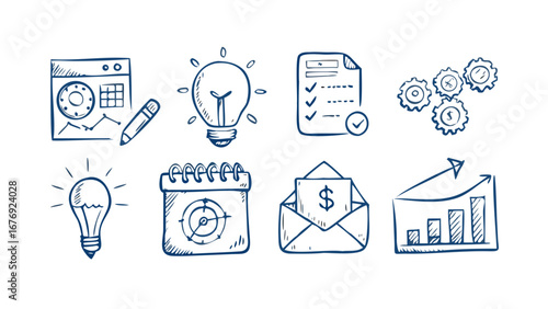 Business doodle icons finance strategy