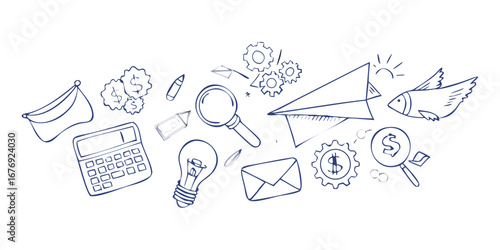 Business doodle elements with blue outline finance