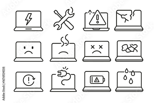 Broken device line icon collection. Laptop repair outline signs. Computer service, technical support, troubleshooting pictogram. Damaged screen, water, battery, error vector symbol.