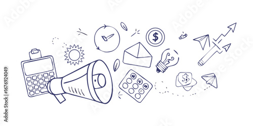 Business doodles with calculator and lightbulb money