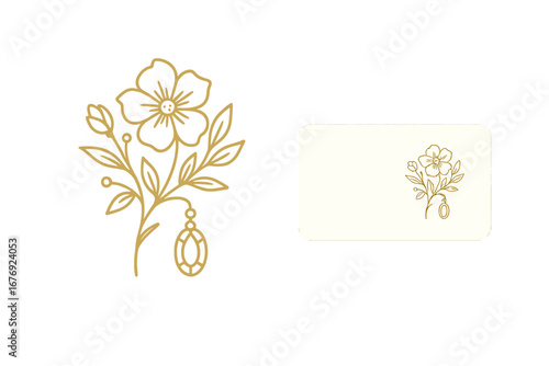 Floral jewelry logo & business card. Elegant gold line art flower with hanging gem. Vector icon for beauty, boutique, spa branding. Minimalist design set for cosmetic company.