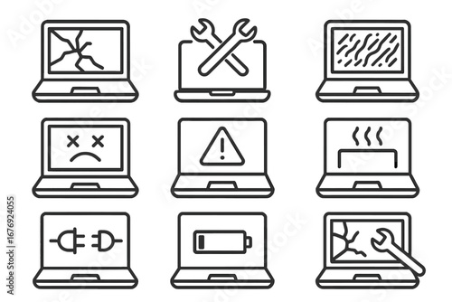 Broken laptop line icon set. Computer repair and service signs. Vector outline collection of technical problems, cracked screen, error, warning, battery and overheating issues.