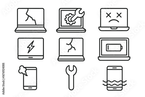 Broken device repair line icon set. Laptop, phone service signs. Fix computer, smartphone screen crack, water damage, battery problem. Outline vector pictogram collection.