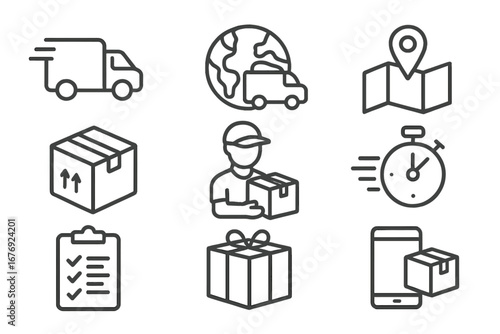 Delivery and shipping line icon set. Logistics and transport vector icons. Express delivery, courier, online order tracking, worldwide shipping, and package transportation symbols.