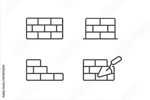 Brick wall line icon set. Simple construction and building symbols. Masonry, trowel, and brickwork graphic elements. Vector illustration with editable stroke for web, apps.