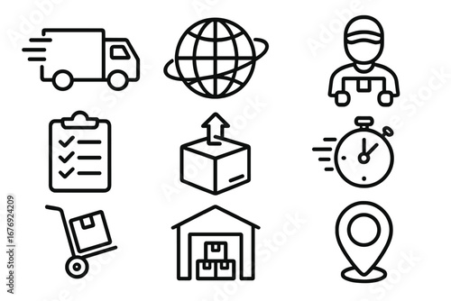 Delivery and transport vector line icon set. Logistics, shipping, fast courier, worldwide distribution, order tracking, warehouse, package, express service outline symbols.