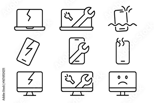 Broken device line icon set. Laptop, phone, computer repair service signs. Cracked screen, water damage, overheating, error pictogram collection for web and apps. Vector.